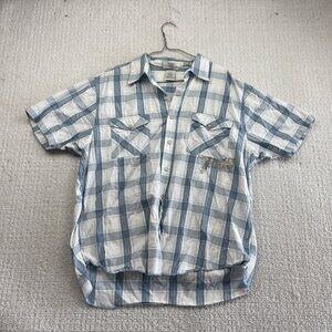 Y2K 725 Originals Plaid Pearl Snap Shirt Distressed Grunge Cyber Graphic Sz XL*